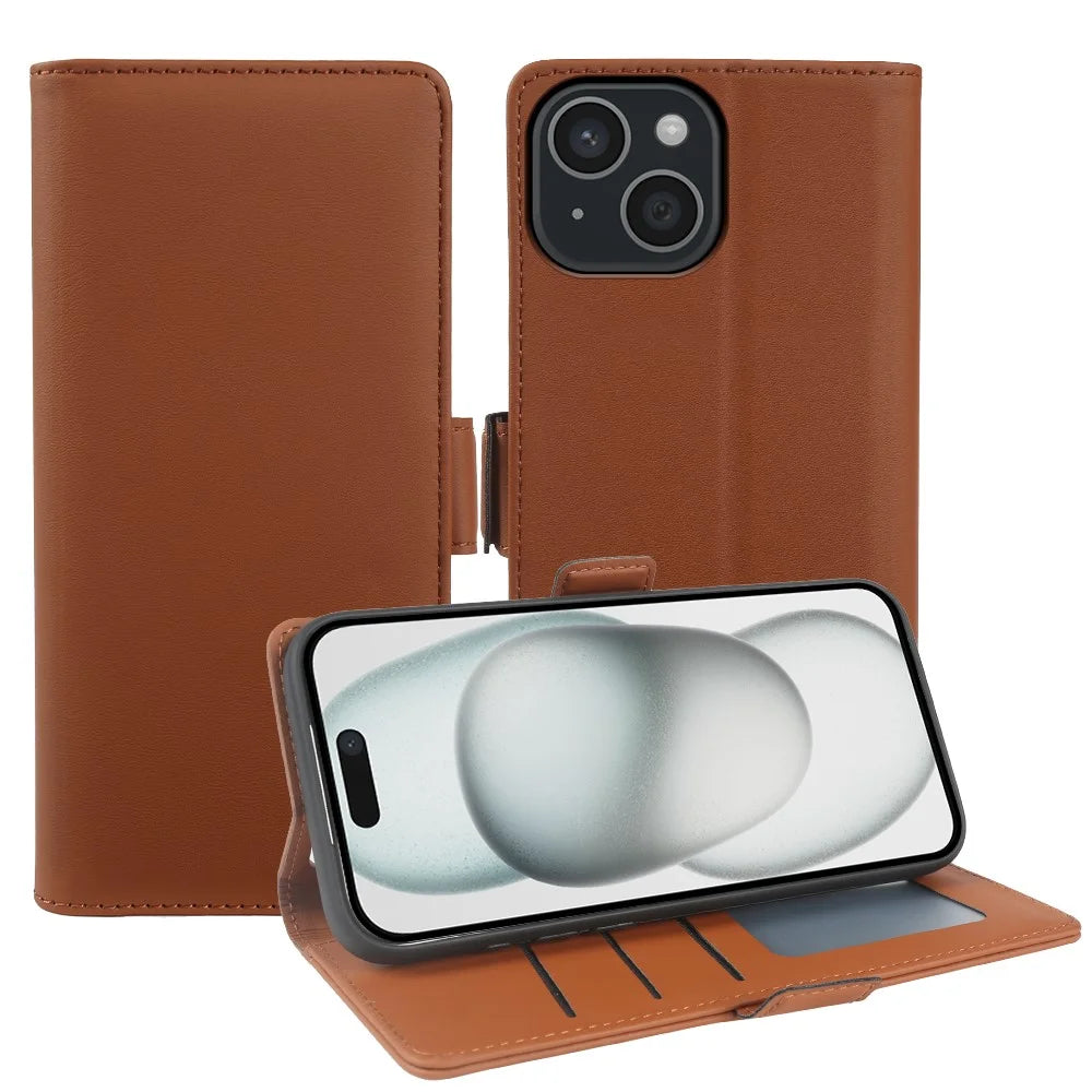 For iPhone 15 Leather Case Wallet Stand TPU + PU Skin-touch Cover - Brown - 1