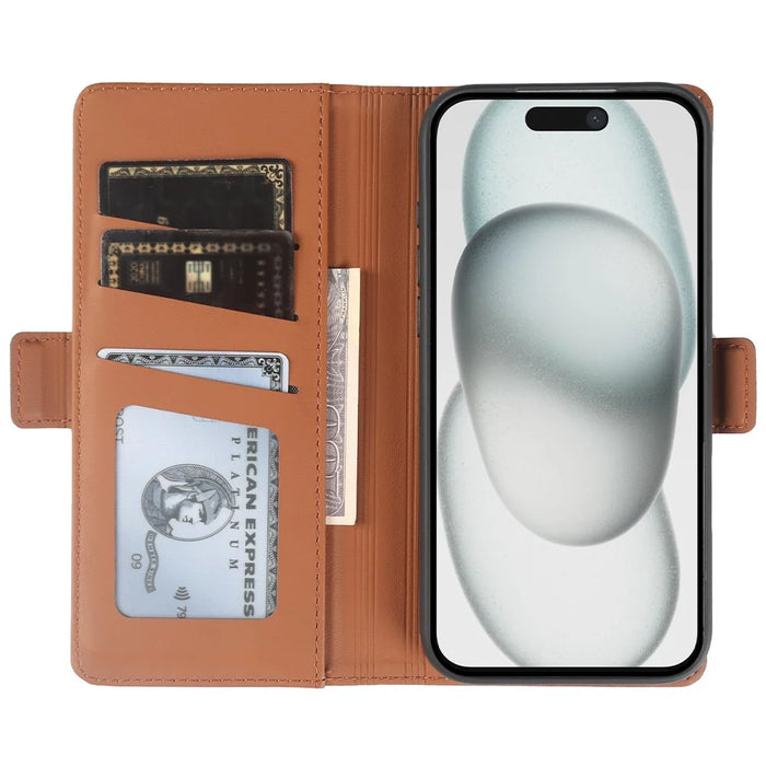 For iPhone 15 Leather Case Wallet Stand TPU + PU Skin-touch Cover - Brown - 2