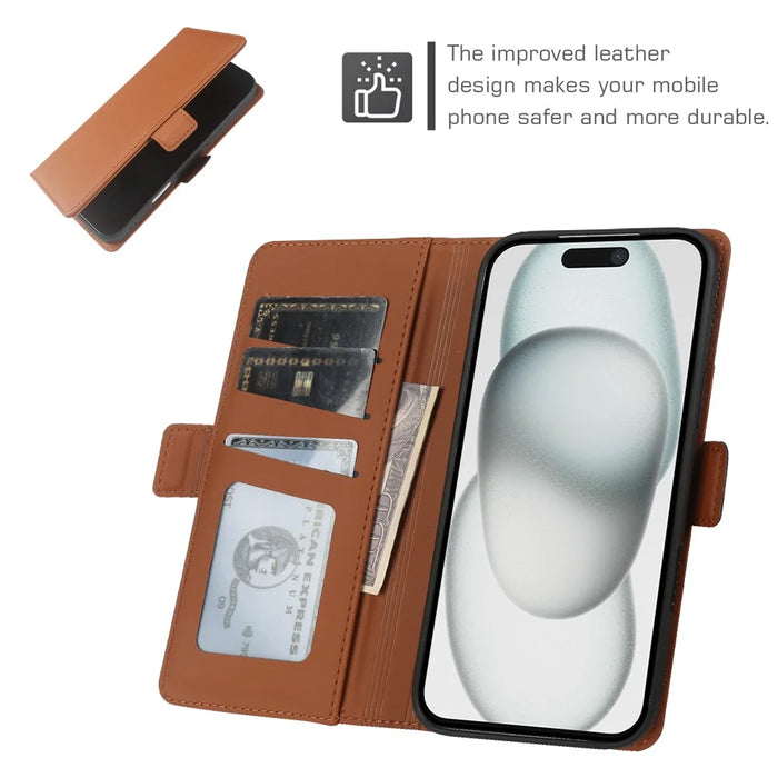 For iPhone 15 Leather Case Wallet Stand TPU + PU Skin-touch Cover - Brown - 3