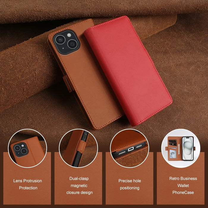 For iPhone 15 Leather Case Wallet Stand TPU + PU Skin-touch Cover - Brown - 4