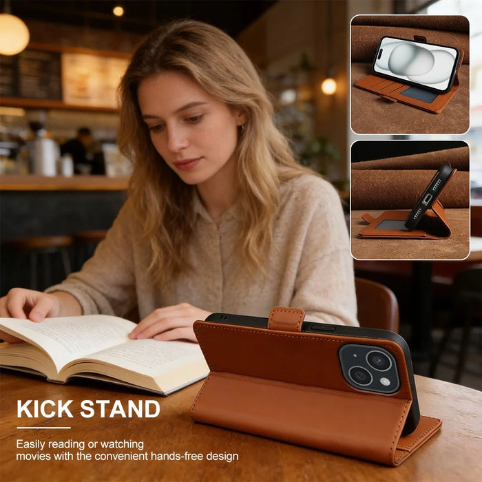 For iPhone 15 Leather Case Wallet Stand TPU + PU Skin-touch Cover - Brown - 6