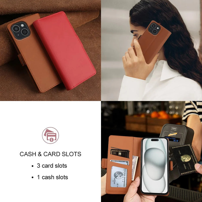 For iPhone 15 Leather Case Wallet Stand TPU + PU Skin-touch Cover - Brown - 7