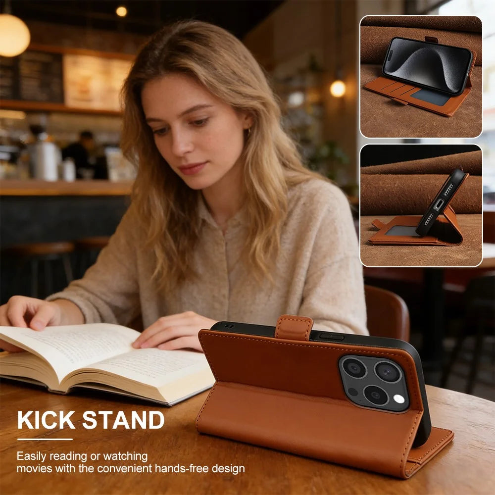 For iPhone 15 Pro Leather Case Wallet Stand TPU + PU Skin-touch Cover - Brown - 6
