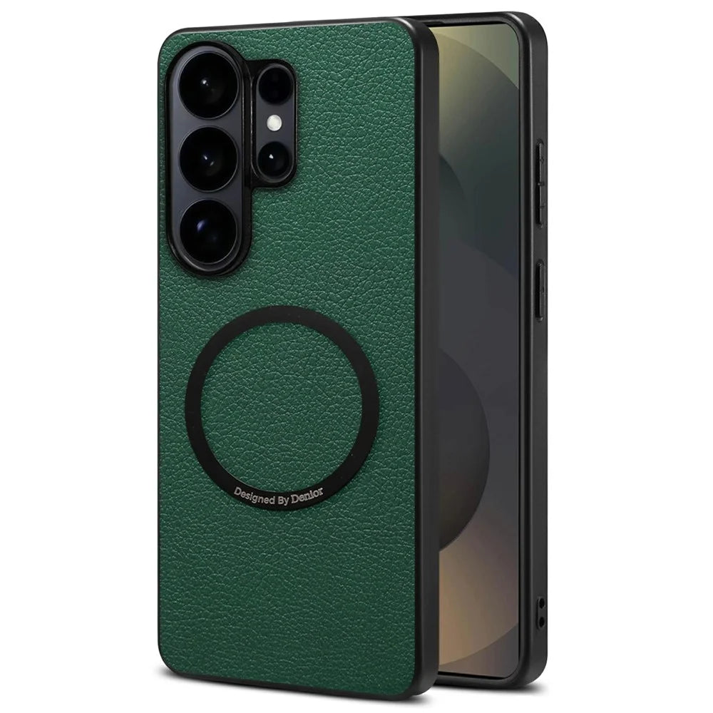 DENIOR A08+1 For Samsung Galaxy S25 Ultra Magnetic Case Calf Texture Leather + PC + TPU Phone Cover - Green - 1