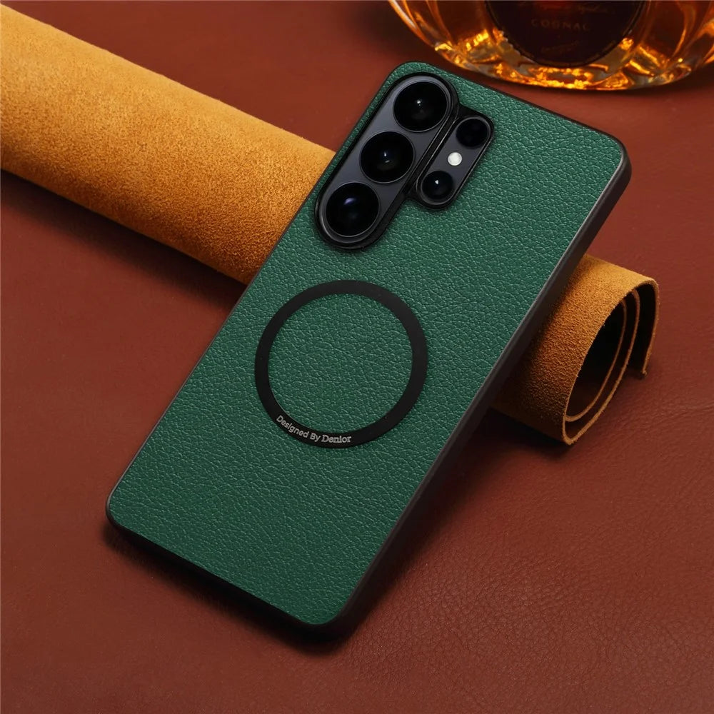 DENIOR A08+1 For Samsung Galaxy S25 Ultra Magnetic Case Calf Texture Leather + PC + TPU Phone Cover - Green - 7