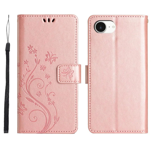For iPhone 17e Leather Wallet Case Butterfly Flower Imprinted Phone Cover with Strap - Rose Gold - 1