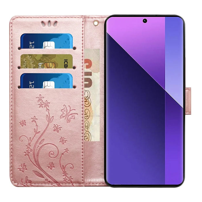 For iPhone 17e Leather Wallet Case Butterfly Flower Imprinted Phone Cover with Strap - Rose Gold - 2