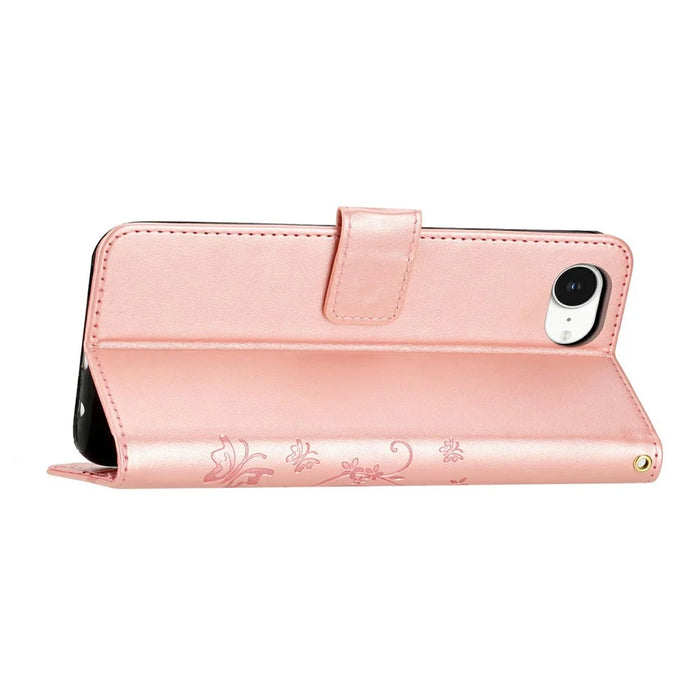 For iPhone 17e Leather Wallet Case Butterfly Flower Imprinted Phone Cover with Strap - Rose Gold - 3