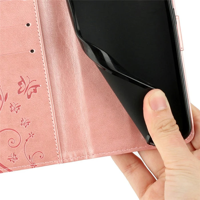 For iPhone 17e Leather Wallet Case Butterfly Flower Imprinted Phone Cover with Strap - Rose Gold - 5
