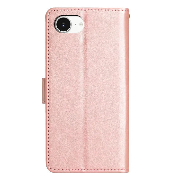 For iPhone 17e Leather Wallet Case Butterfly Flower Imprinted Phone Cover with Strap - Rose Gold - 7