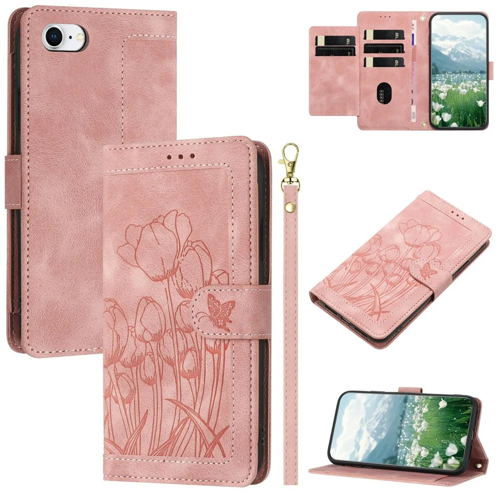 For iPhone 17e Case Tulip Leather Phone Cover with 5 Card Slots Wallet - Pink - 1