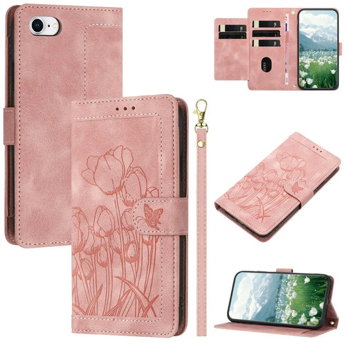For iPhone 17e Case Tulip Leather Phone Cover with 5 Card Slots Wallet - Pink - 1