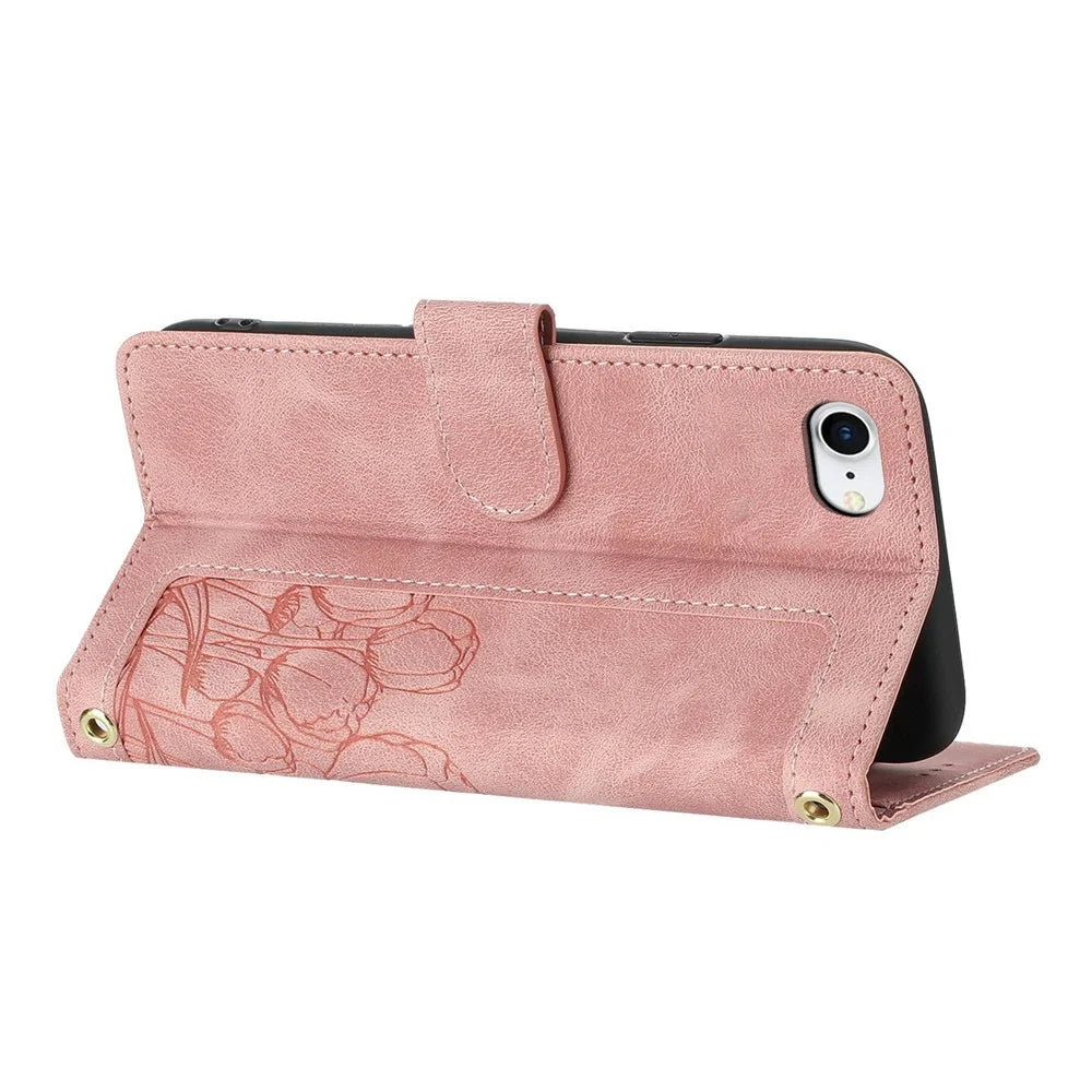For iPhone 17e Case Tulip Leather Phone Cover with 5 Card Slots Wallet - Pink - 2