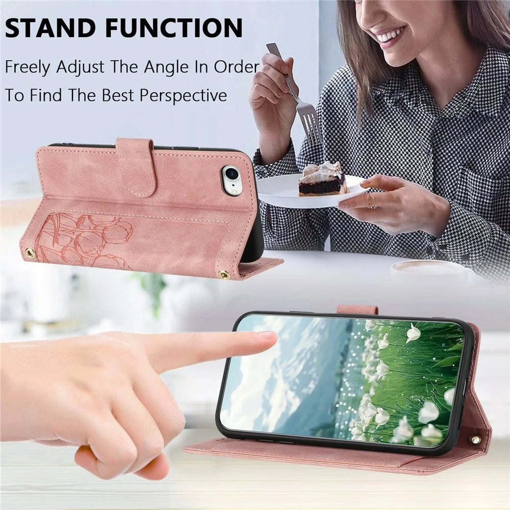 For iPhone 17e Case Tulip Leather Phone Cover with 5 Card Slots Wallet - Pink - 4
