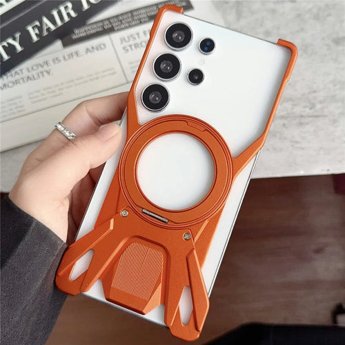 For Samsung Galaxy S25 Ultra Case Racing Car Style Magnetic Ring Kickstand Heat Dissipation Hollow Phone Cover - Orange - 1