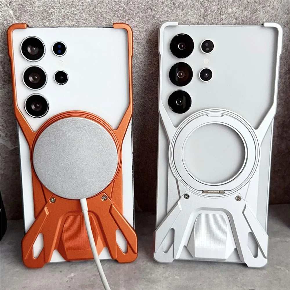 For Samsung Galaxy S25 Ultra Case Racing Car Style Magnetic Ring Kickstand Heat Dissipation Hollow Phone Cover - Orange - 3