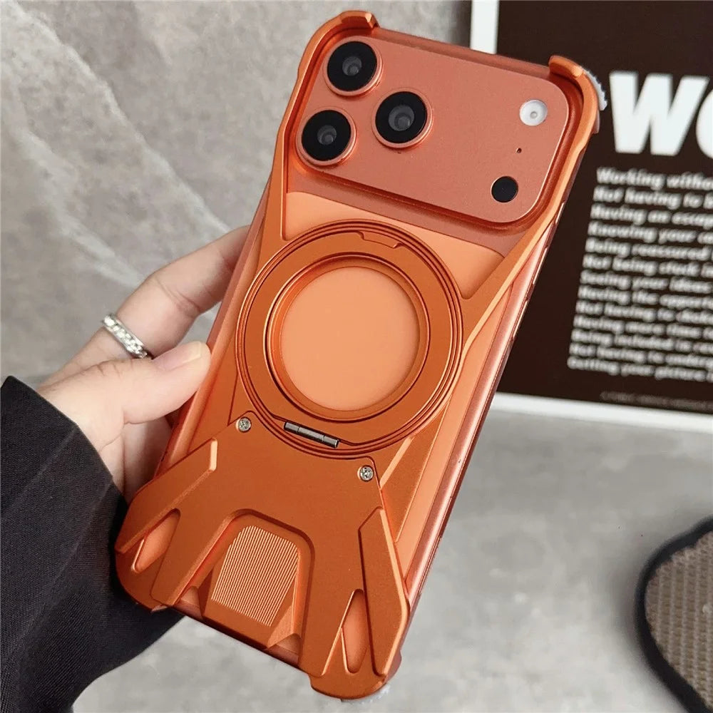 For iPhone 17 Pro Max Case Racing Car Style Magnetic Ring Kickstand Heat Dissipation Hollow Phone Cover - Orange - 1