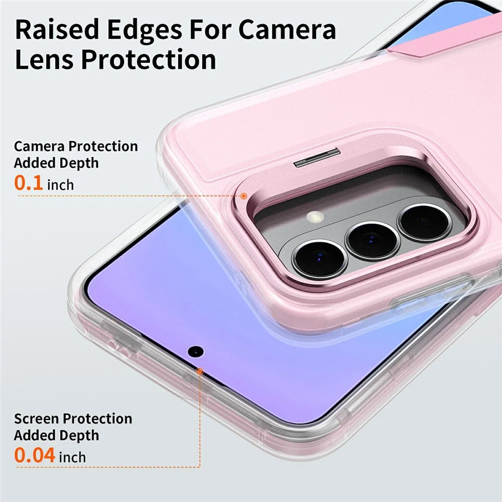 For Samsung Galaxy A57 5G Case TPU + PC Hybrid Phone Cover with Alloy Lens Frame Kickstand - Transparent  /  Pink - 5