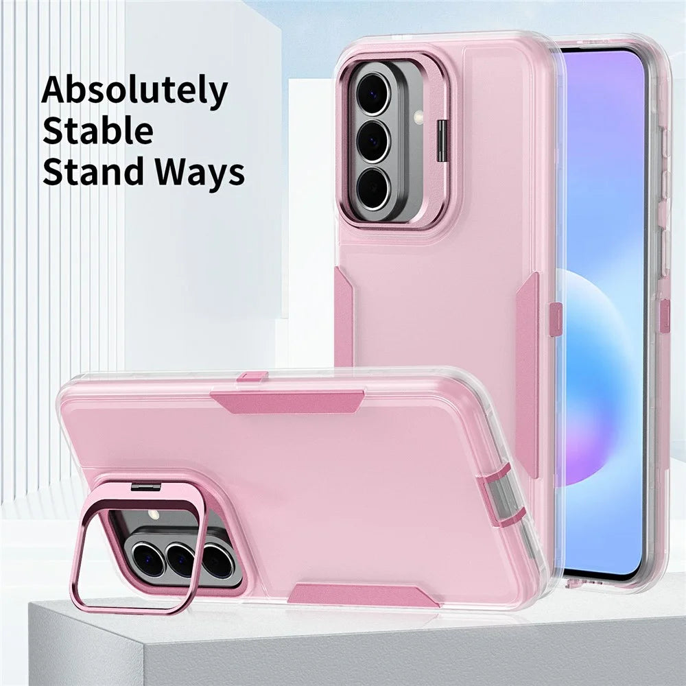 For Samsung Galaxy A57 5G Case TPU + PC Hybrid Phone Cover with Alloy Lens Frame Kickstand - Transparent  /  Pink - 6