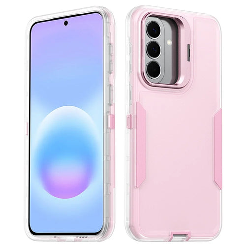 For Samsung Galaxy A18 5G / A18 4G / A17 5G / A17 4G / A26 5G / A16 5G / A16 4G Case TPU + PC Hybrid Phone Cover with Alloy Lens Frame Kickstand - Transparent  /  Pink - 1