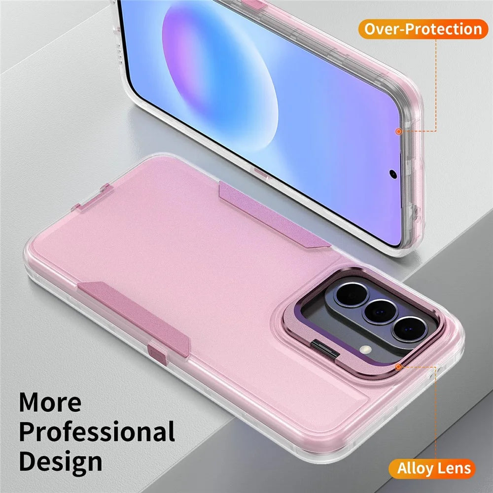 For Samsung Galaxy A18 5G / A18 4G / A17 5G / A17 4G / A26 5G / A16 5G / A16 4G Case TPU + PC Hybrid Phone Cover with Alloy Lens Frame Kickstand - Transparent  /  Pink - 3