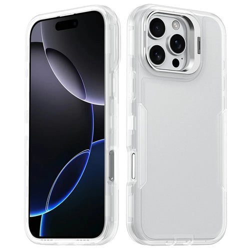 For iPhone 16 Pro Case TPU + PC Hybrid Phone Cover with Alloy Lens Frame Kickstand - Transparent  /  White - 1
