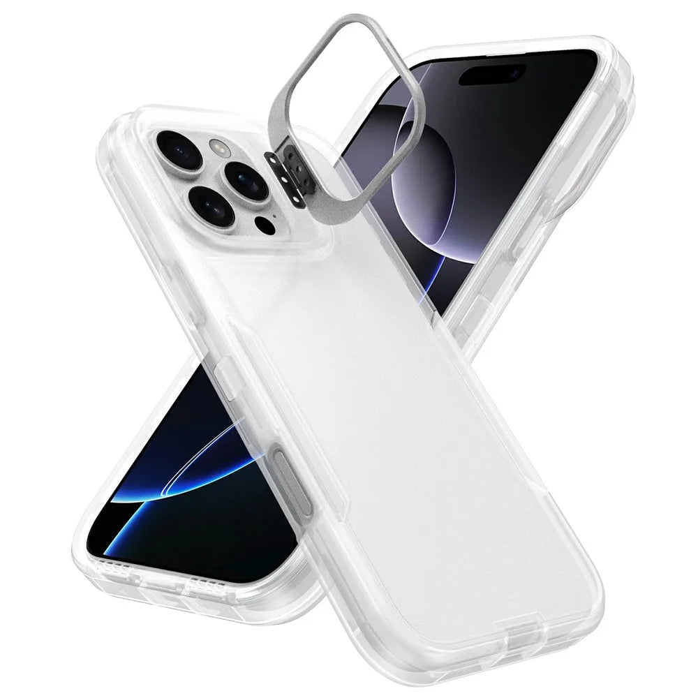 For iPhone 16 Pro Case TPU + PC Hybrid Phone Cover with Alloy Lens Frame Kickstand - Transparent  /  White - 2