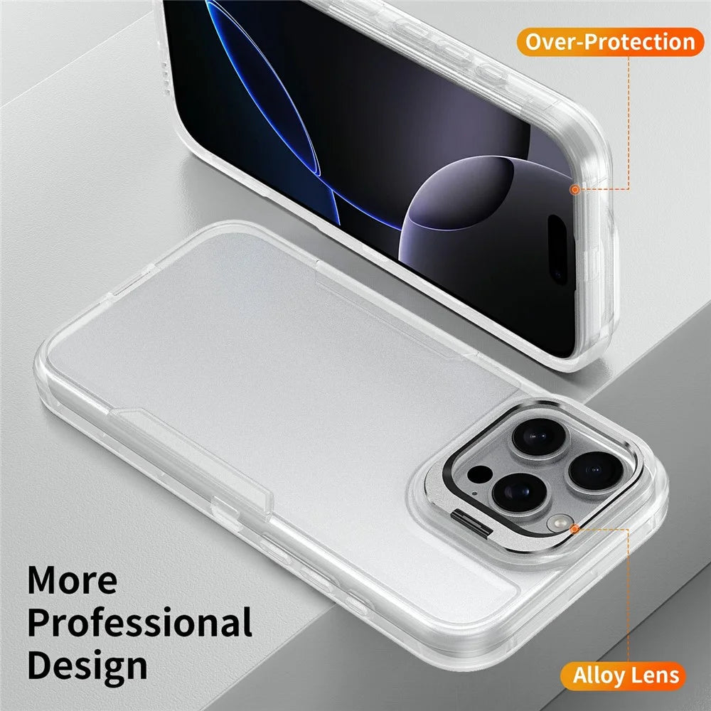 For iPhone 16 Pro Case TPU + PC Hybrid Phone Cover with Alloy Lens Frame Kickstand - Transparent  /  White - 3