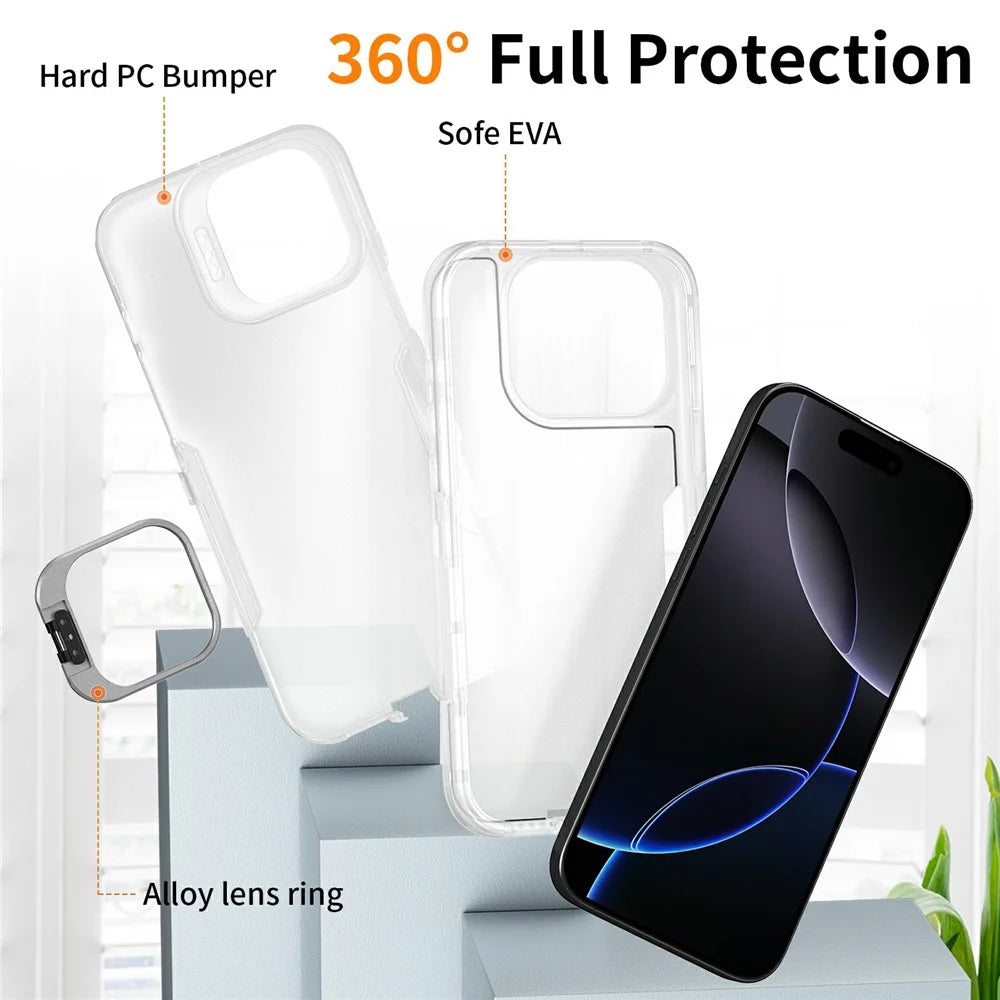For iPhone 16 Pro Case TPU + PC Hybrid Phone Cover with Alloy Lens Frame Kickstand - Transparent  /  White - 4