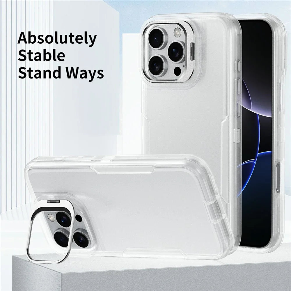 For iPhone 16 Pro Case TPU + PC Hybrid Phone Cover with Alloy Lens Frame Kickstand - Transparent  /  White - 6