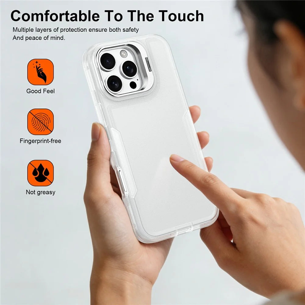 For iPhone 16 Pro Case TPU + PC Hybrid Phone Cover with Alloy Lens Frame Kickstand - Transparent  /  White - 7