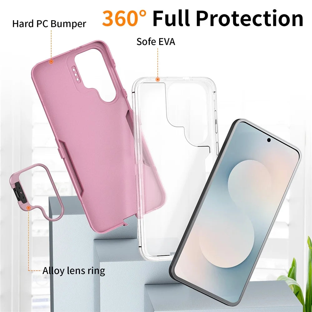 For Samsung Galaxy S25 FE Case TPU + PC Hybrid Phone Cover with Alloy Lens Frame Kickstand  - Transparent  /  Pink - 4
