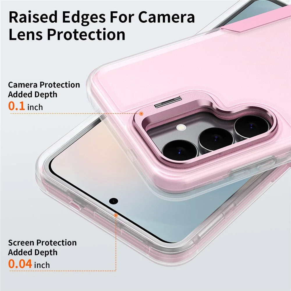 For Samsung Galaxy S25 FE Case TPU + PC Hybrid Phone Cover with Alloy Lens Frame Kickstand  - Transparent  /  Pink - 5