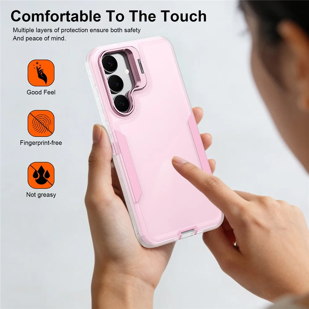 For Samsung Galaxy S25 FE Case TPU + PC Hybrid Phone Cover with Alloy Lens Frame Kickstand  - Transparent  /  Pink - 7