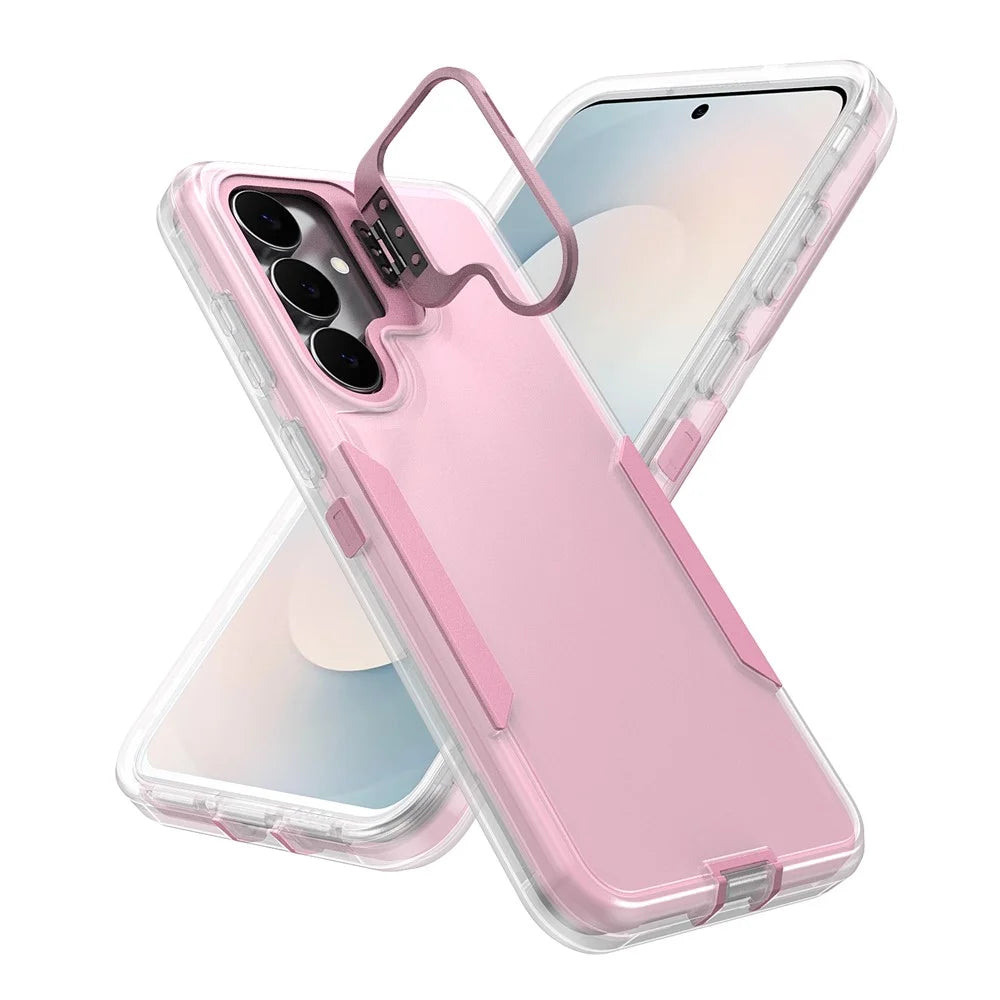 For Samsung Galaxy S24 FE Case TPU + PC Hybrid Phone Cover with Alloy Lens Frame Kickstand - Transparent  /  Pink - 2