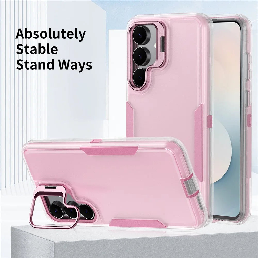 For Samsung Galaxy S24 FE Case TPU + PC Hybrid Phone Cover with Alloy Lens Frame Kickstand - Transparent  /  Pink - 6
