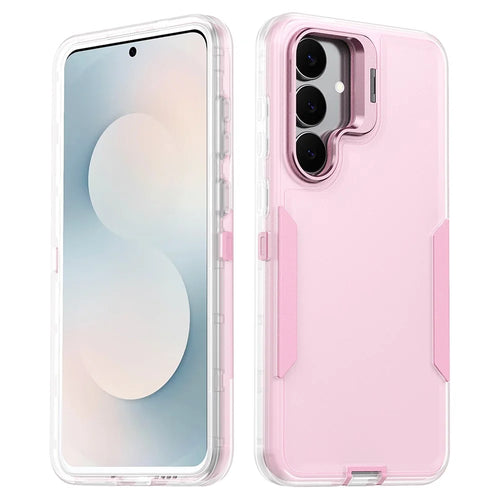 For Samsung Galaxy S23 FE Case TPU + PC Hybrid Phone Cover with Alloy Lens Frame Kickstand - Transparent  /  Pink - 1