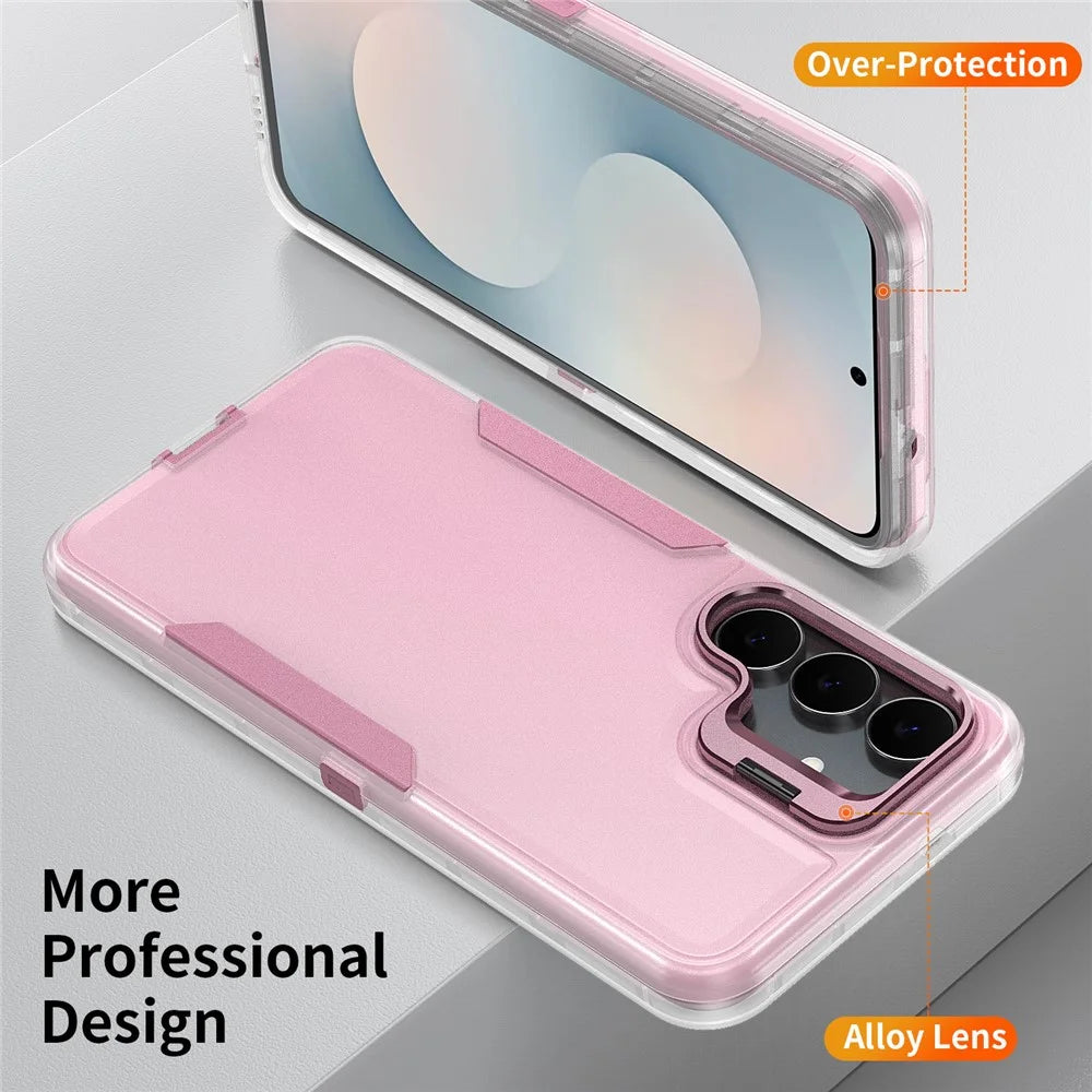 For Samsung Galaxy S23 FE Case TPU + PC Hybrid Phone Cover with Alloy Lens Frame Kickstand - Transparent  /  Pink - 3