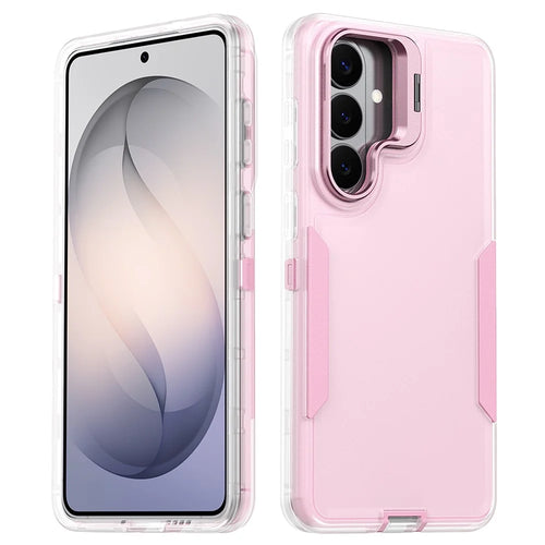 For Samsung Galaxy S26+ Case TPU + PC Hybrid Phone Cover with Alloy Lens Frame Kickstand - Transparent  /  Pink - 1