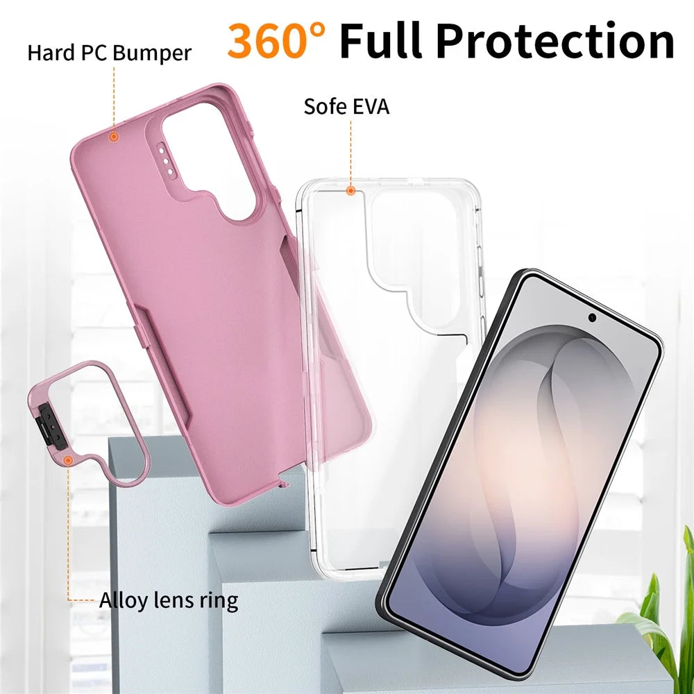 For Samsung Galaxy S26+ Case TPU + PC Hybrid Phone Cover with Alloy Lens Frame Kickstand - Transparent  /  Pink - 4