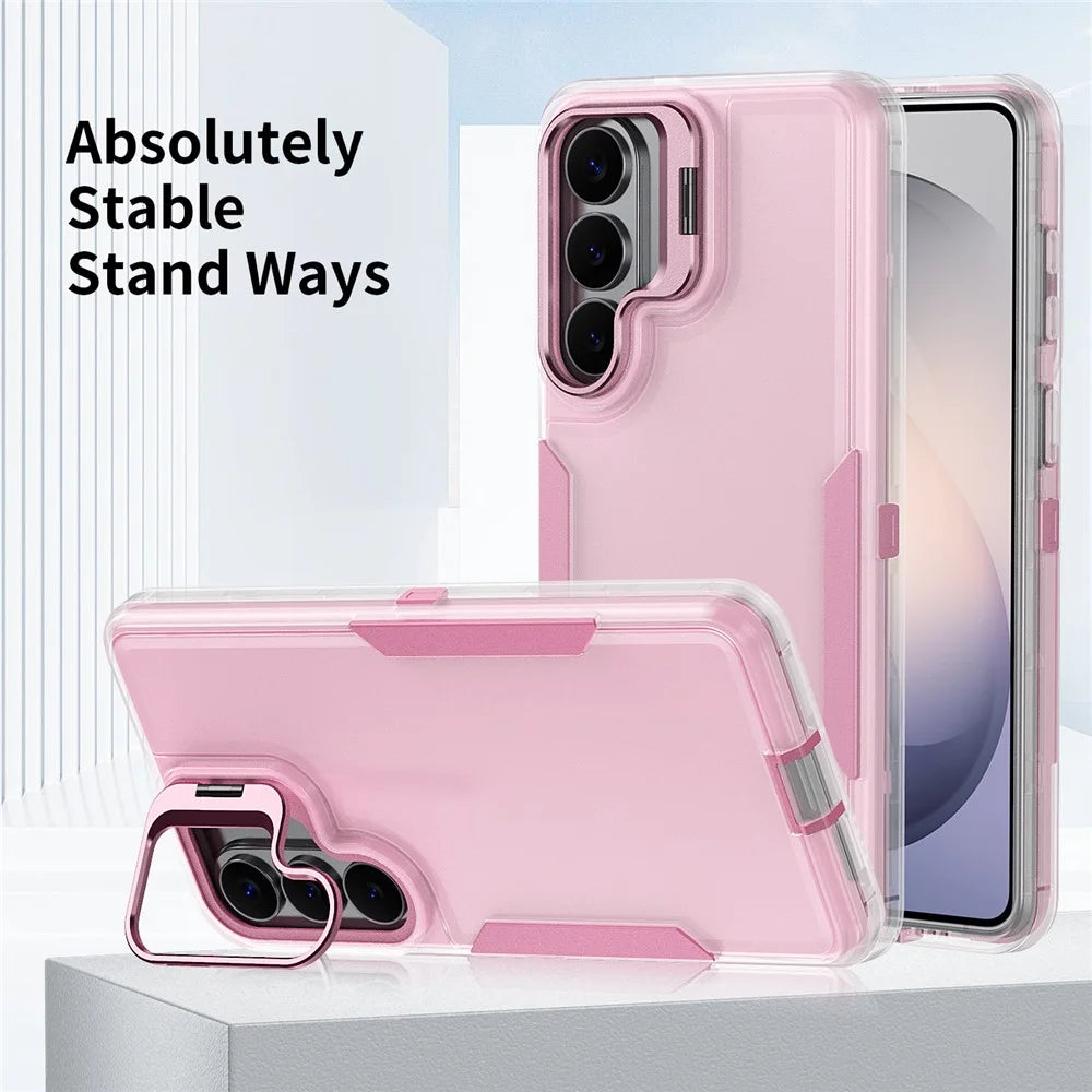 For Samsung Galaxy S26+ Case TPU + PC Hybrid Phone Cover with Alloy Lens Frame Kickstand - Transparent  /  Pink - 6
