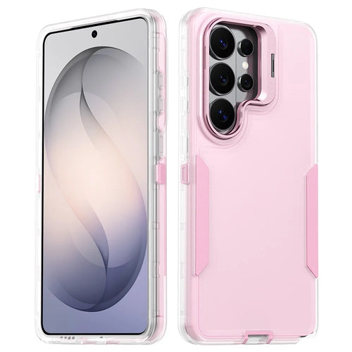 For Samsung Galaxy S24 Ultra Case TPU + PC Hybrid Phone Cover with Alloy Lens Frame Kickstand - Transparent  /  Pink - 1