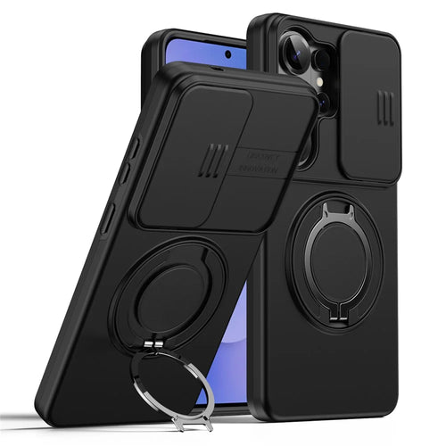 For Samsung Galaxy S25 Ultra Magnetic Case Ring Kickstand Slide Camera Cover TPU PC Hybrid Phone Shell - Black - 1