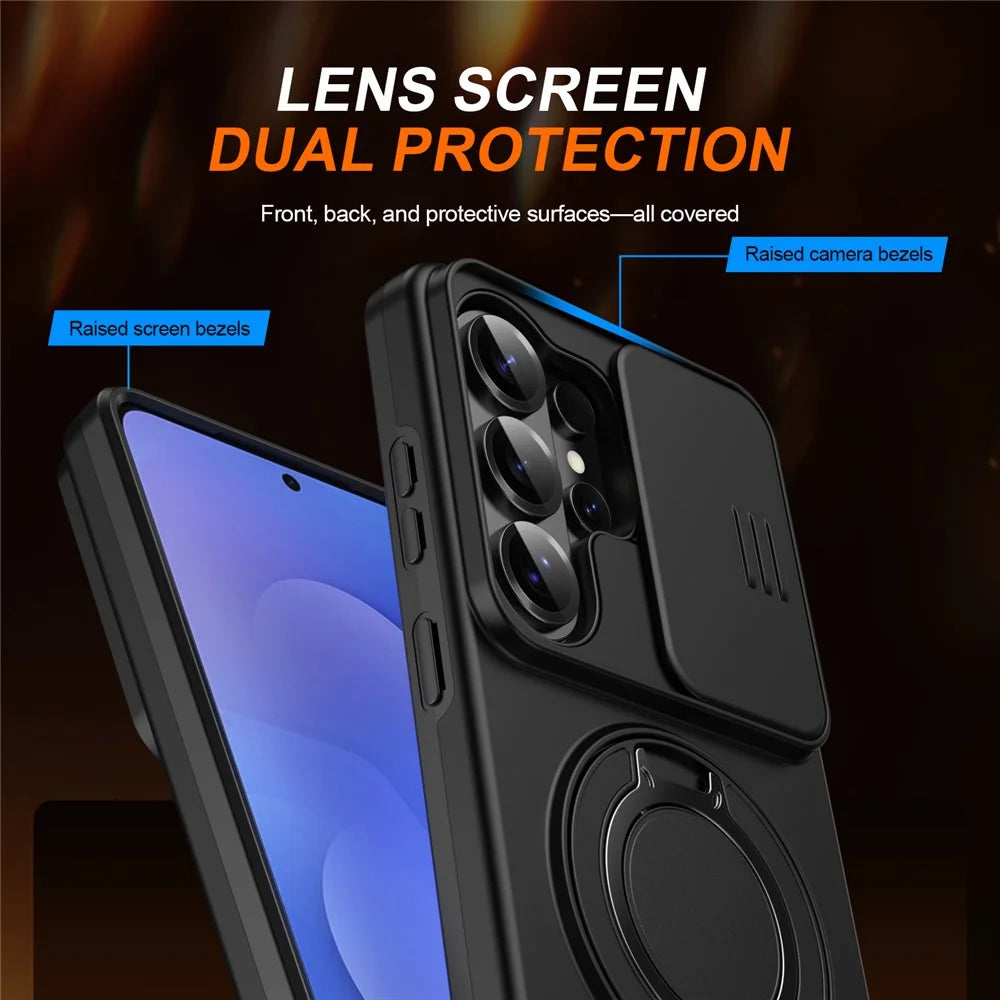 For Samsung Galaxy S25 Ultra Magnetic Case Ring Kickstand Slide Camera Cover TPU PC Hybrid Phone Shell - Black - 3