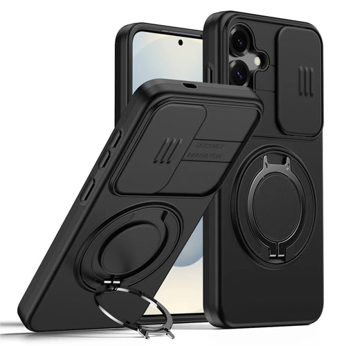 Magnetic Case For Samsung Galaxy S25  /  S24 Ring Kickstand Slide Camera Cover TPU PC Hybrid Phone Shell - Black - 1
