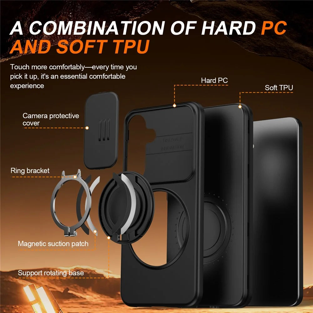 Magnetic Case For Samsung Galaxy S25  /  S24 Ring Kickstand Slide Camera Cover TPU PC Hybrid Phone Shell - Black - 7