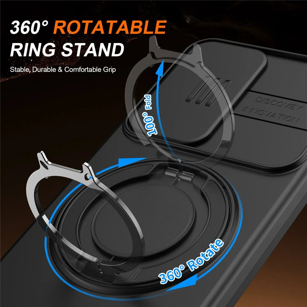 Magnetic Case For Samsung Galaxy S25+  /  S24+ Ring Kickstand Slide Camera Cover TPU PC Hybrid Phone Shell - Black - 2
