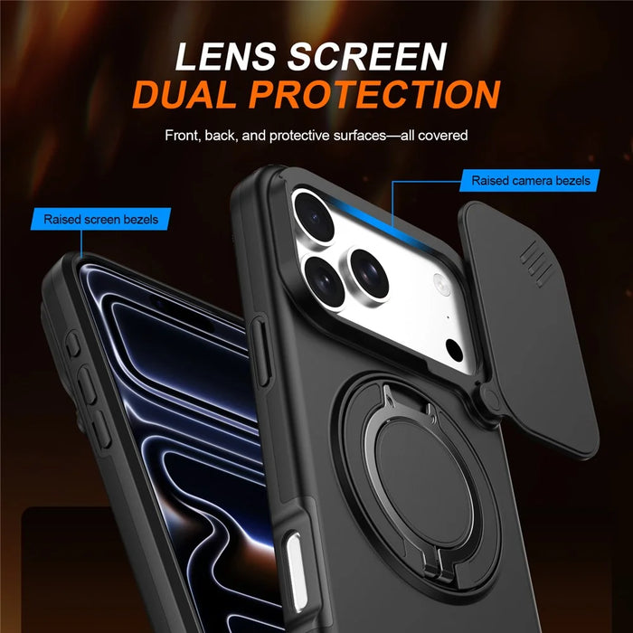 For iPhone 17 Pro Max Magnetic Case Ring Kickstand Slide Camera Cover TPU PC Hybrid Phone Shell - Black - 3