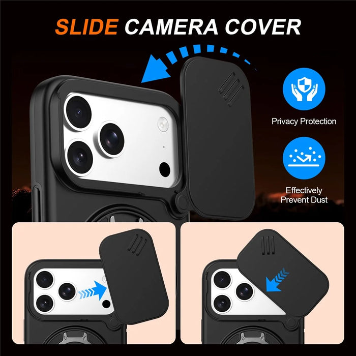 For iPhone 17 Pro Max Magnetic Case Ring Kickstand Slide Camera Cover TPU PC Hybrid Phone Shell - Black - 4