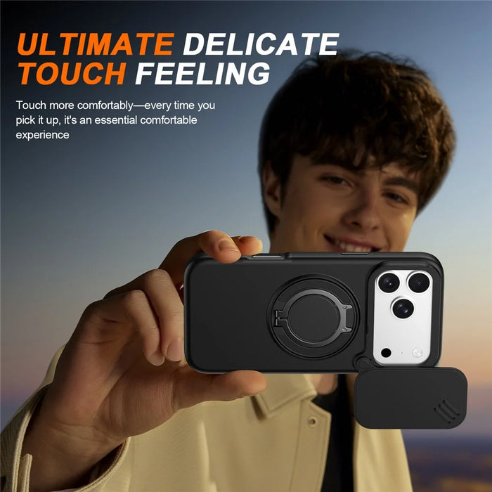 For iPhone 17 Pro Max Magnetic Case Ring Kickstand Slide Camera Cover TPU PC Hybrid Phone Shell - Black - 6